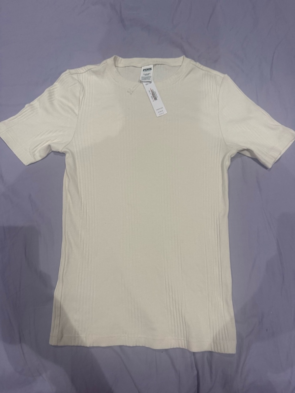 PINK Victoria's Secret Cream Ribbed Short-Sleeve Crew Tee
